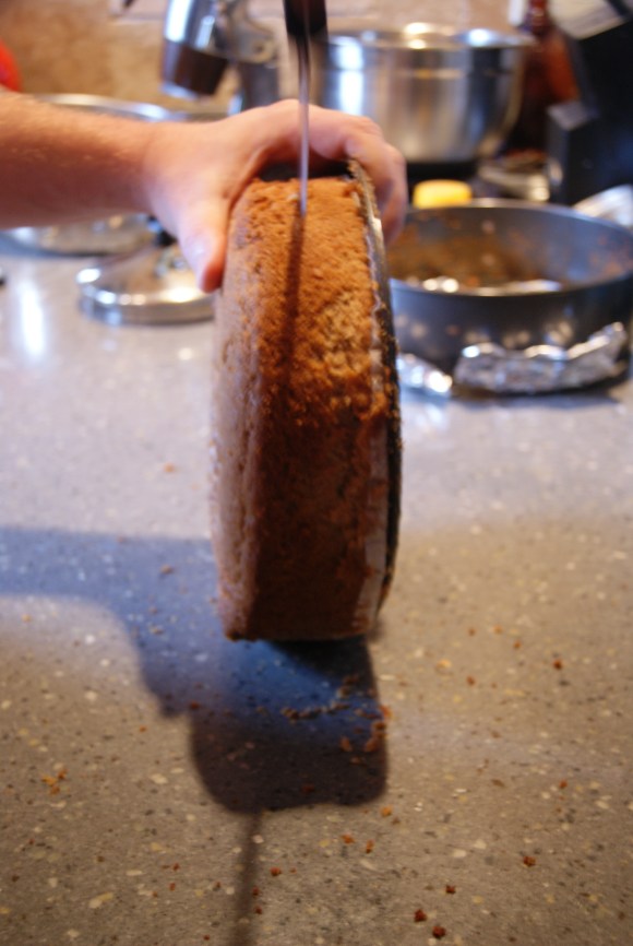 I think it's pretty funny that he's basically treating this thing like a wheel of cheese. Also, this method will leave you with two layers, not three.