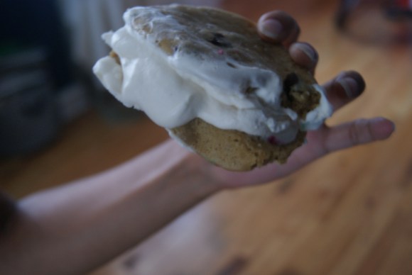This is an ice cream sandwich (yes, I am telling you what each sweet is because I'm not confident that it's obvious from the pictures) that was made with this weird no-churn "ice cream" recipe I found. I am still saving my rupees to buy a proper ice cream maker, and in the meantime must deal with weird subs. The salted chocolate chip cookies I made were, however, SO BANGIN.